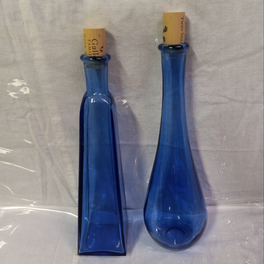 Cobalt Blue Glass Oil & Vinegar Bottles Decanter Server Cork Stoppers 10"/12oz